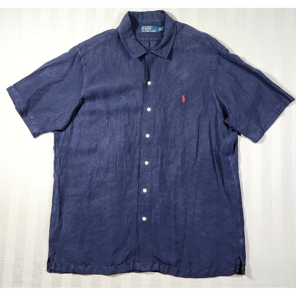 Polo Ralph Lauren Other - Vintage Polo Ralph Lauren Mens L Navy Button Linen Silk Short Sleeve Shirt Loop